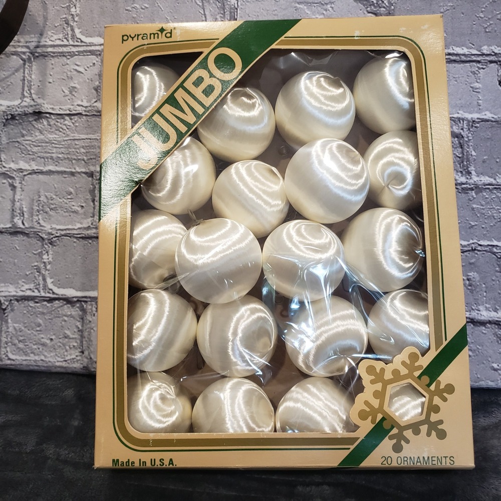 Pyramid Satin-Sheen Christmas Ornaments Jumbo White Silk 20 Count Made in USA